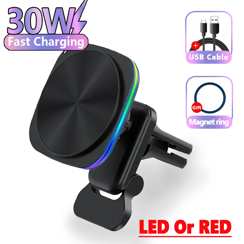 30W RGB LED Magnetic Wireless Charger Car Phone Holder Stand Car Mount for iPhone 15 14 13 12 Pro Max Fast Charging Station
