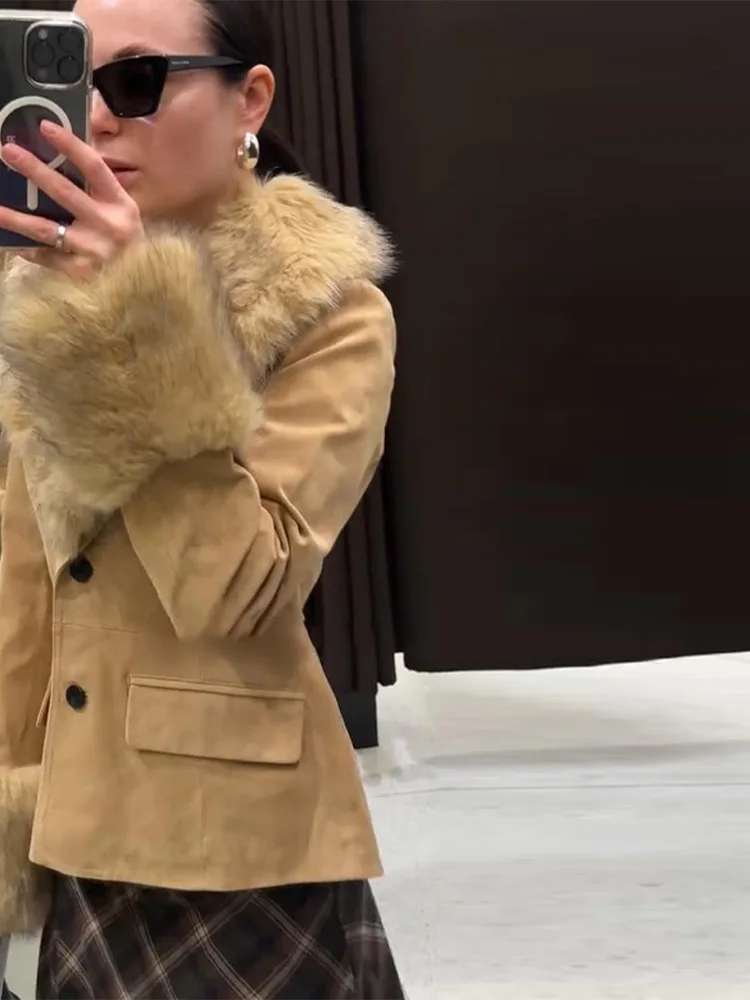 Faux Pelz Kragen Patchwork Bomber Jacke Frauen Luxus Langarm Taille Cinching Taste Herbst Winter Mäntel Chic Damen Oberbekleidung – Detail 15
