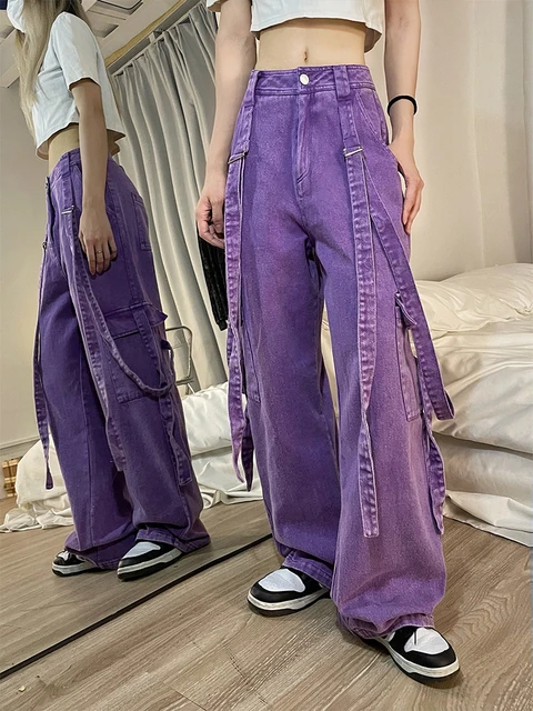 سراويل بنمط ملابس الشارع الشهير عالية الخصر موضة كورية سراويل جينز نسائية  فضفاضة غير رسمية بأرجل