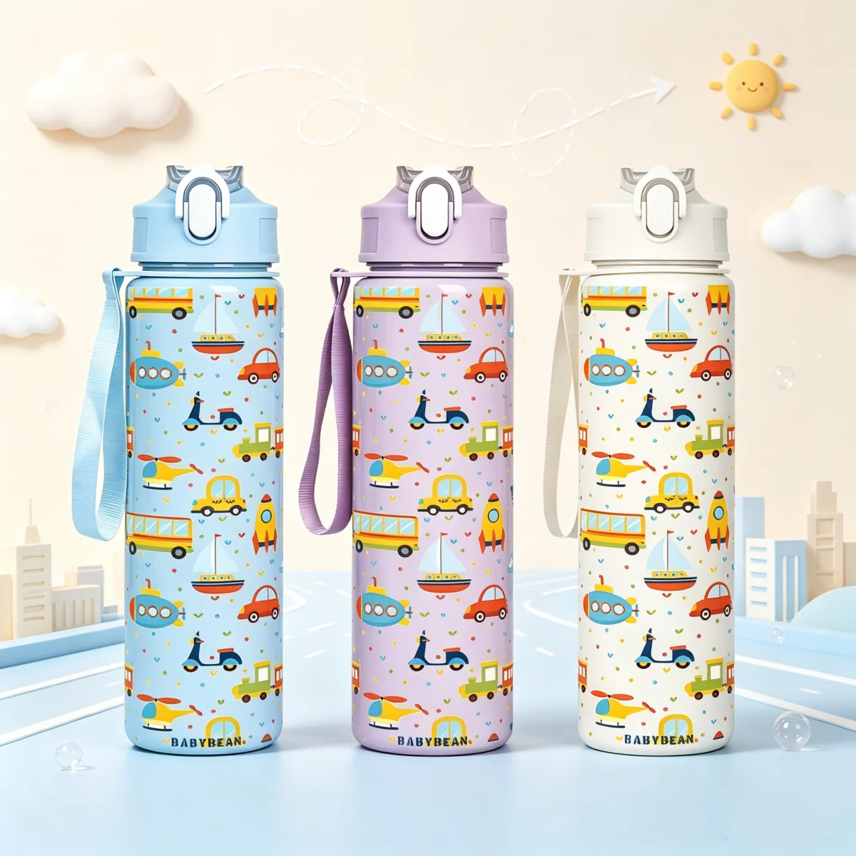 Cartoon Transport Vehicle Print Leakproof Water Bottle with Flip Straw and Lanyard - 750ml