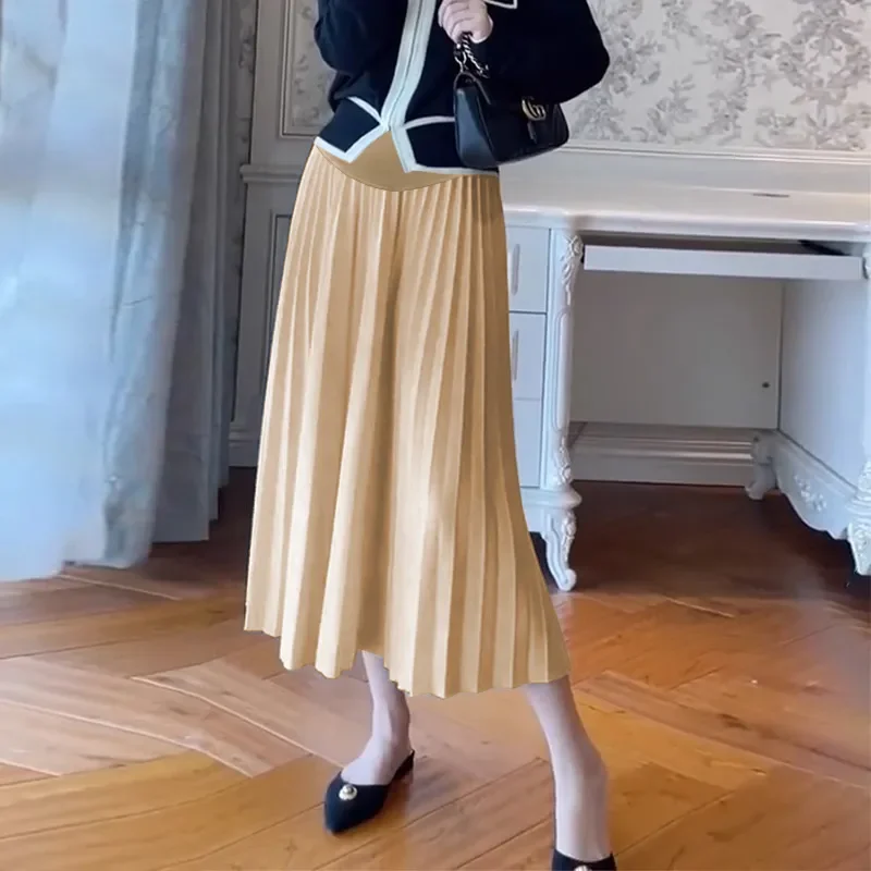 Pregnant Women Skirt Autumn Winter Fashion Pleated A Line Maternity Long Skirts Warm Loose Belly Clothes