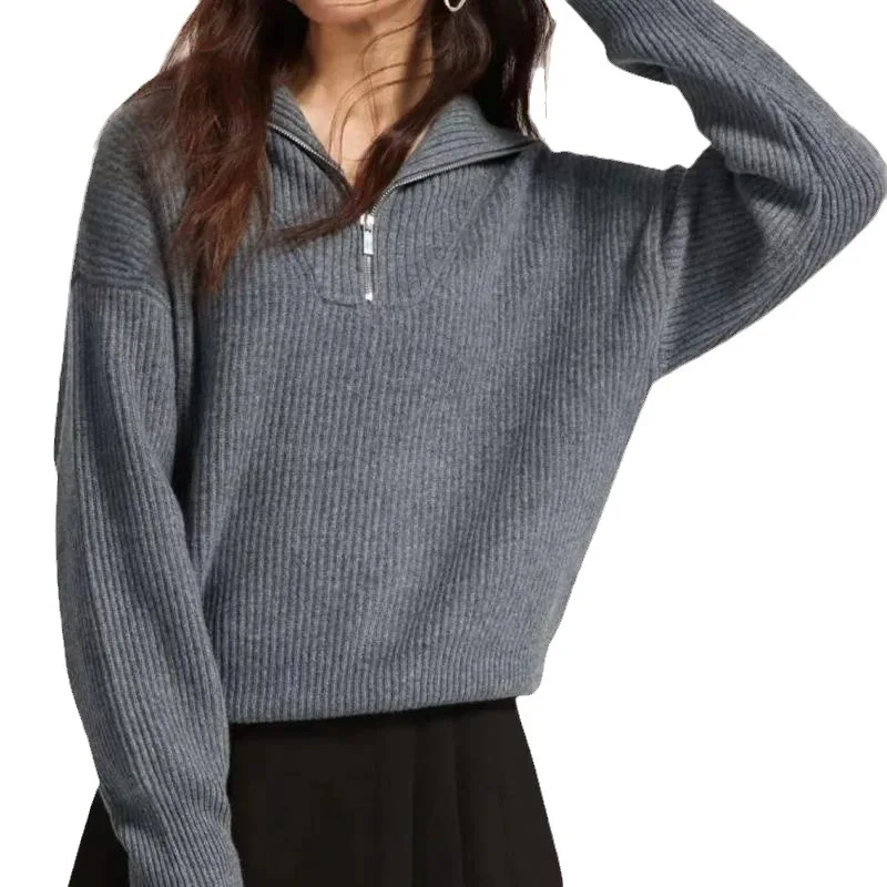 

Women's Winter Sweaters Solid Grey Ladies Turtleneck Casual Loose Thick Zippers Pullovers Beautiful Oversized Sweater Women