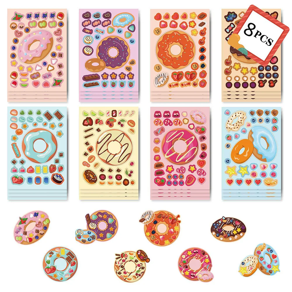 

8/16Sheets Delicious Donuts DIY Puzzle Game Sticker DIY Phone Laptop Luggage Skateboard Graffiti Decals Fun for Kid Gift