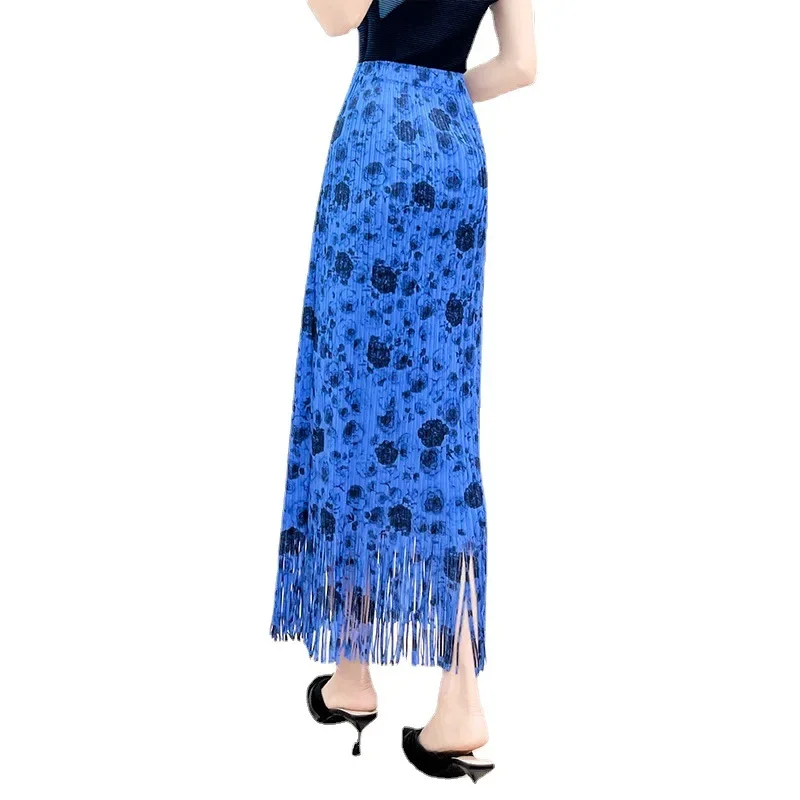 Miyake Style Comfortable Casual Floral Print Slim Fit Elegant Fashion Tassel Skirt Women 2024 Summer New Style