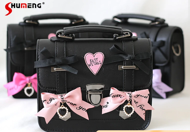 

JK Uniform Mine Cute Black Pink Bow Bag Student Woman Japanese College Sweet Cool Cambridge Satchel Crossbody Messenger Bags