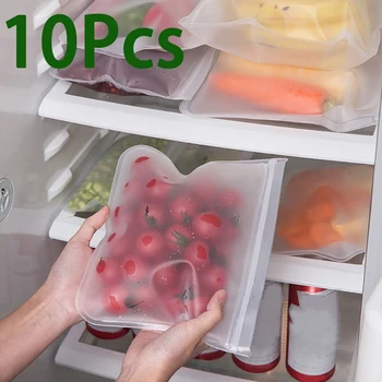 Sac de stockage des aliments en Silicone, 10 pièces, étanche, réutilisable, sac fermé à fermeture éclair, tasse, sac frais, sac de stockage des aliments, emballage frais 1