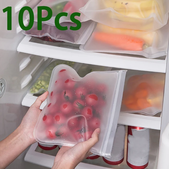 Sac de stockage des aliments en Silicone, 10 pièces, étanche, réutilisable, sac fermé à fermeture éclair, tasse, sac frais, sac de stockage des aliments, emballage frais 1
