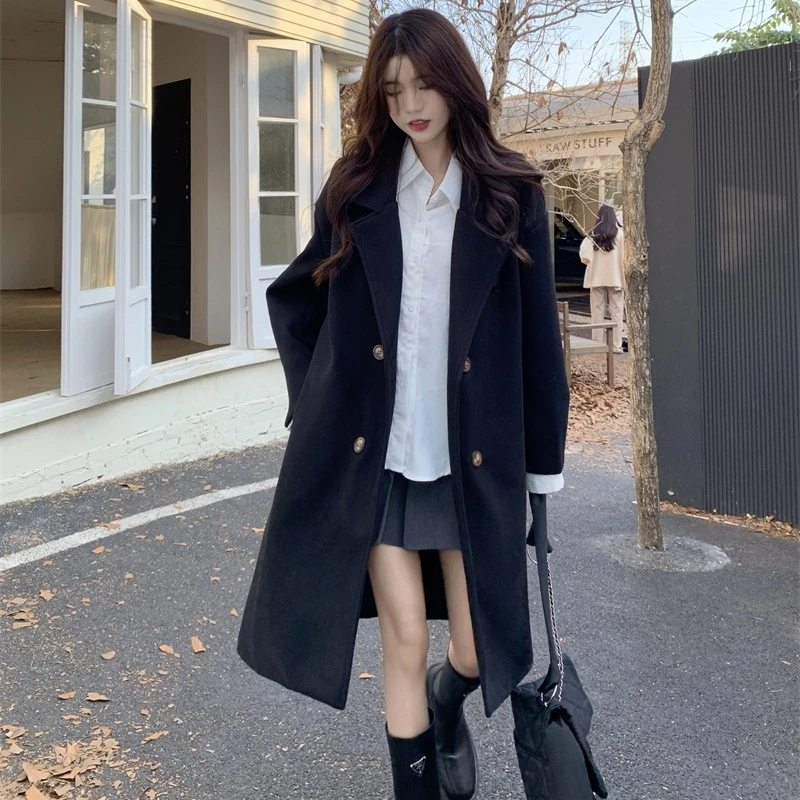 Thickened Blends Coats Women Mid-length Solid Color Long Sleeve Double Breasted Office Lady Versatile Daily Outerwear Female