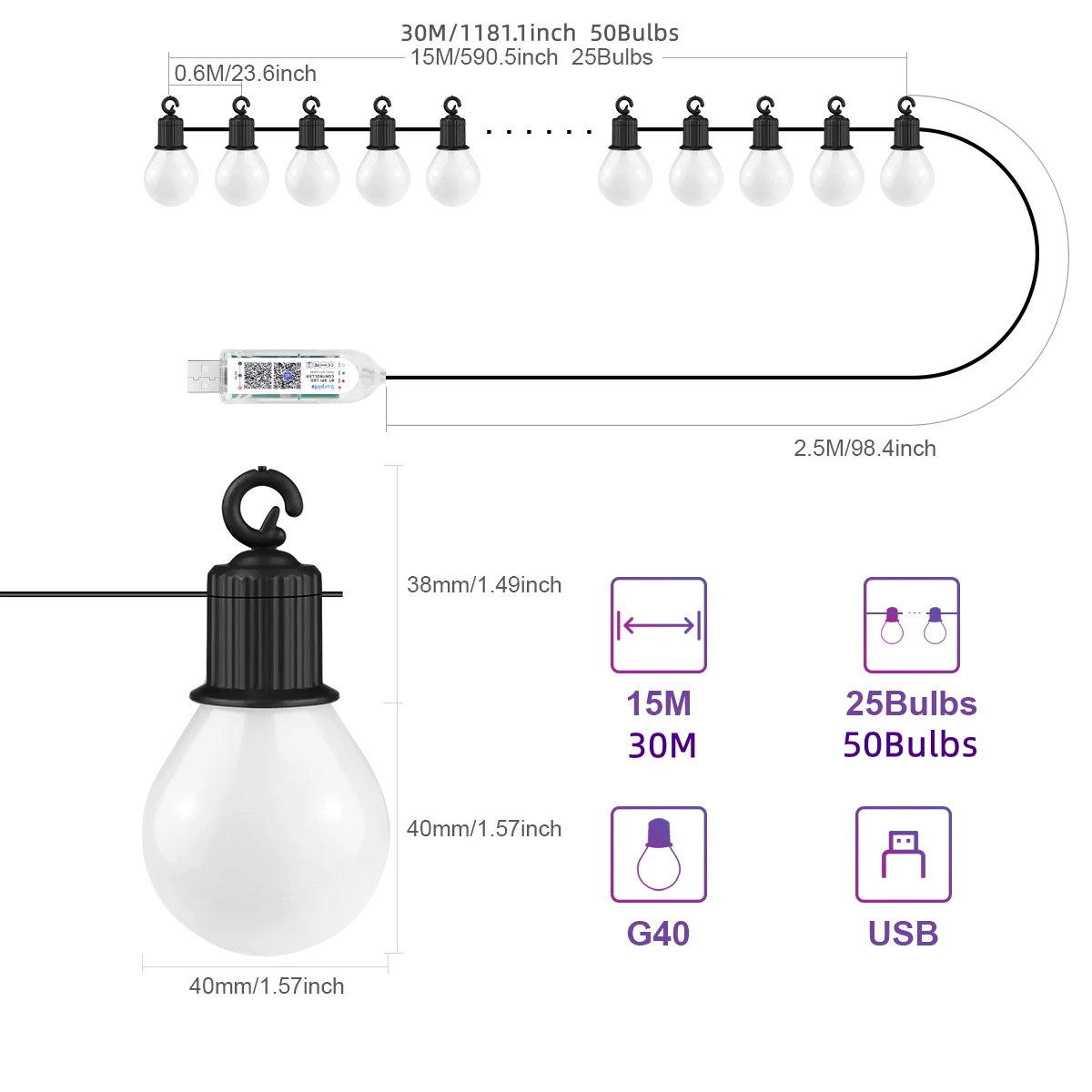 Enhanced Smart LED Bulb String Lights - Color-Changing USB Fairy Lights