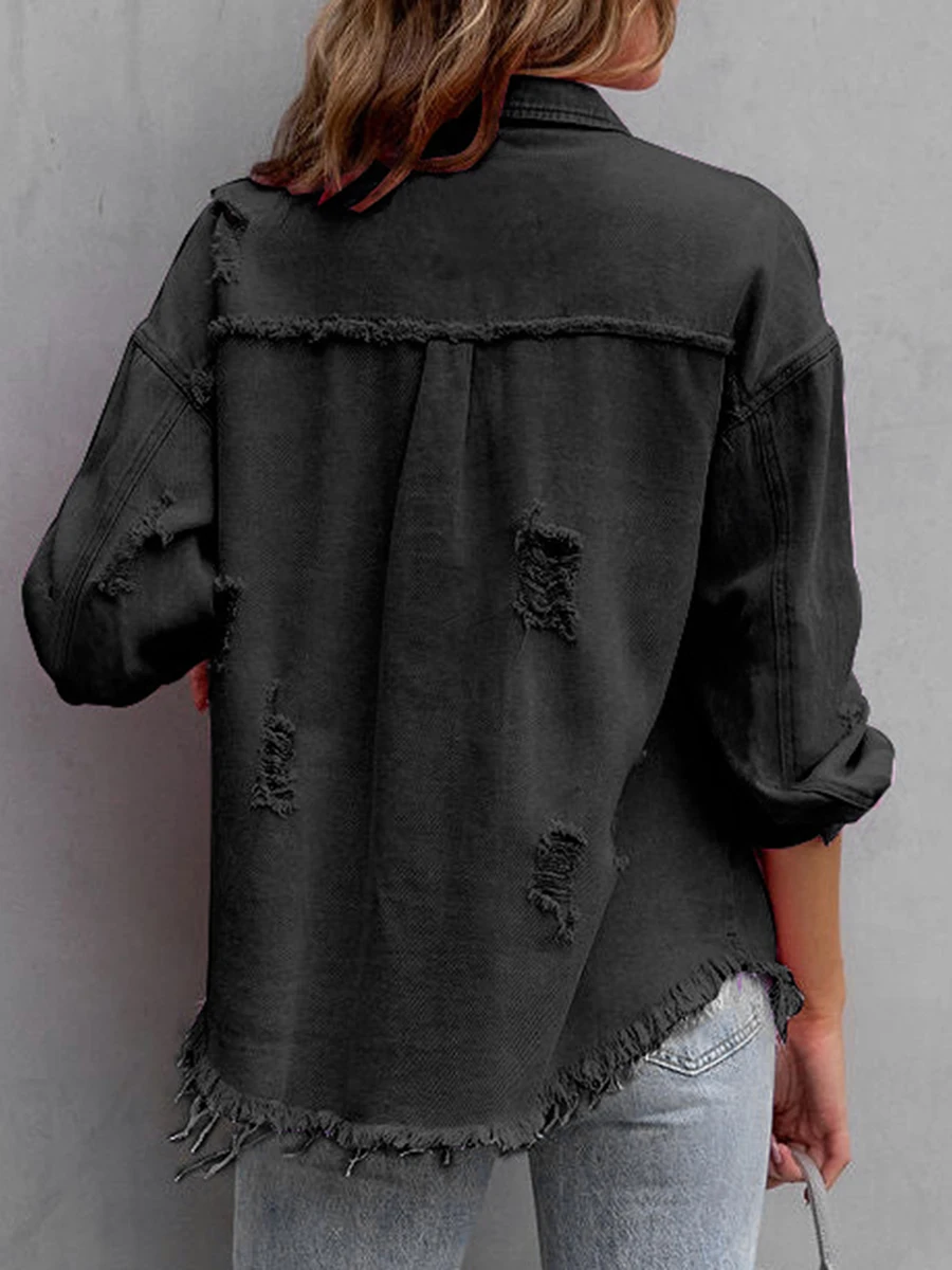 Women\'s Fashion Casual Ripped Distressed Denim Jacket Boyfriend Jean Coat Long Sleeve Button Down Trucker Jacket