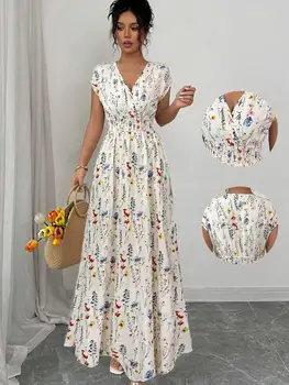 Women's Ditsy Floral V-Neck Sleeveless Waisted Maxi Dress