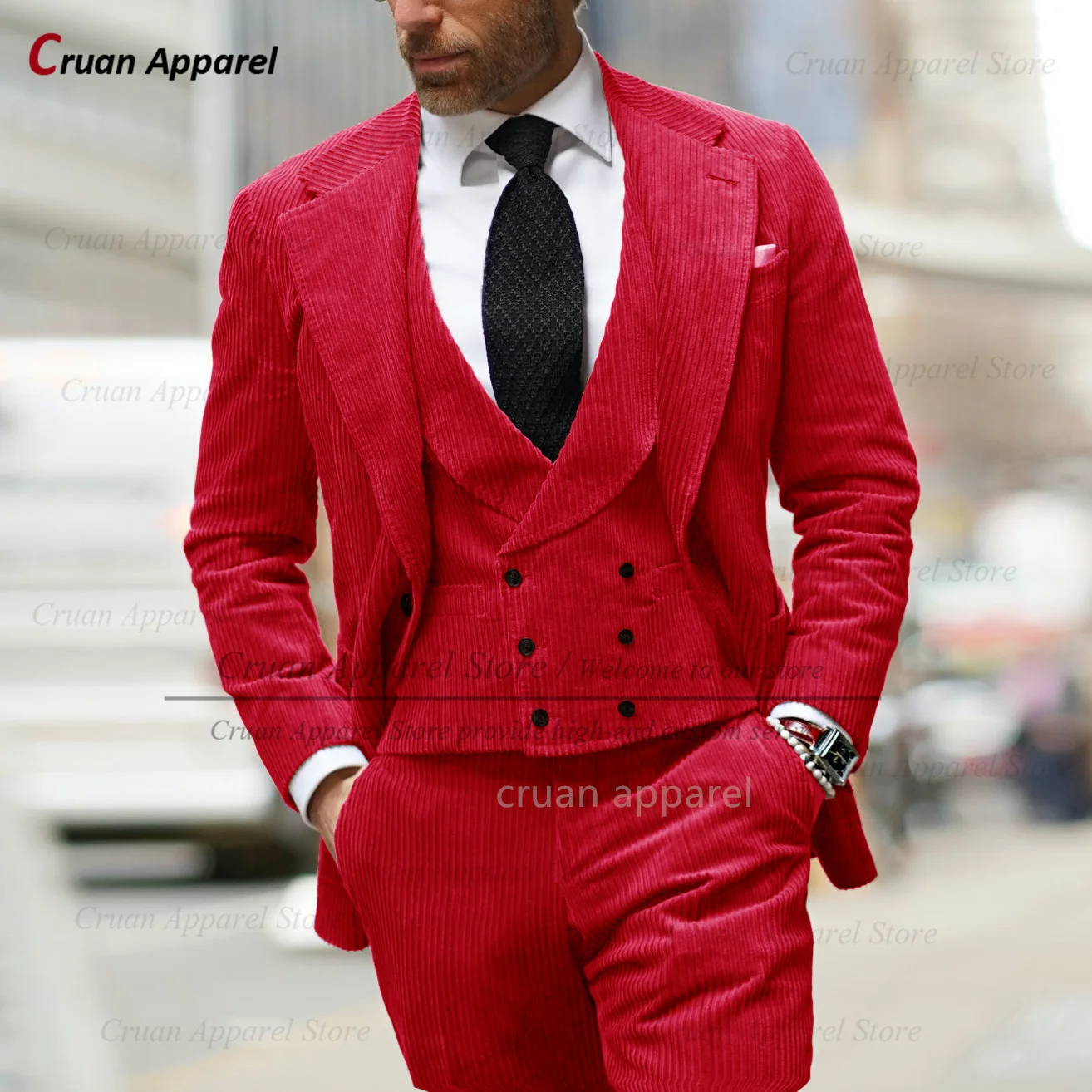 Corduroy Men Suits 3 Pieces Slim Fit Fashion Dinner Business Wedding Tuxedos Men Tailor-made Casual Blazer Vest Pants Set