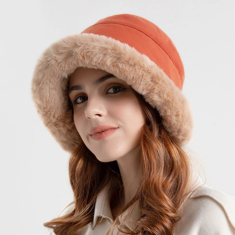 

Warm Winter Plush Bucket Hat For Women Fur Fisherman Cap Thermal Fleece Fedora Hats Female Outdoor Thick Windproof Earflap Caps