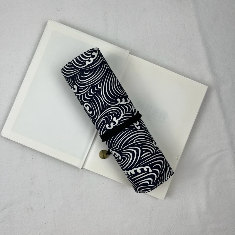 수제 검은 패브릭 펜 커튼 대용량 펜 가방 편지지 보관 가방 펜 가방 휴대용 롤링 커튼