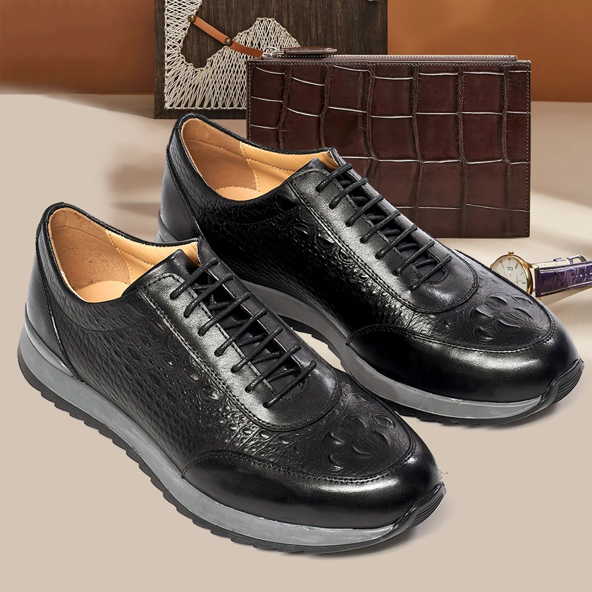 

Мужские повседневные кожаные туфли, удобные нескользящие кроссовки из натуральной кожи с крокодиловым узором, ручная работа, обувь для офиса