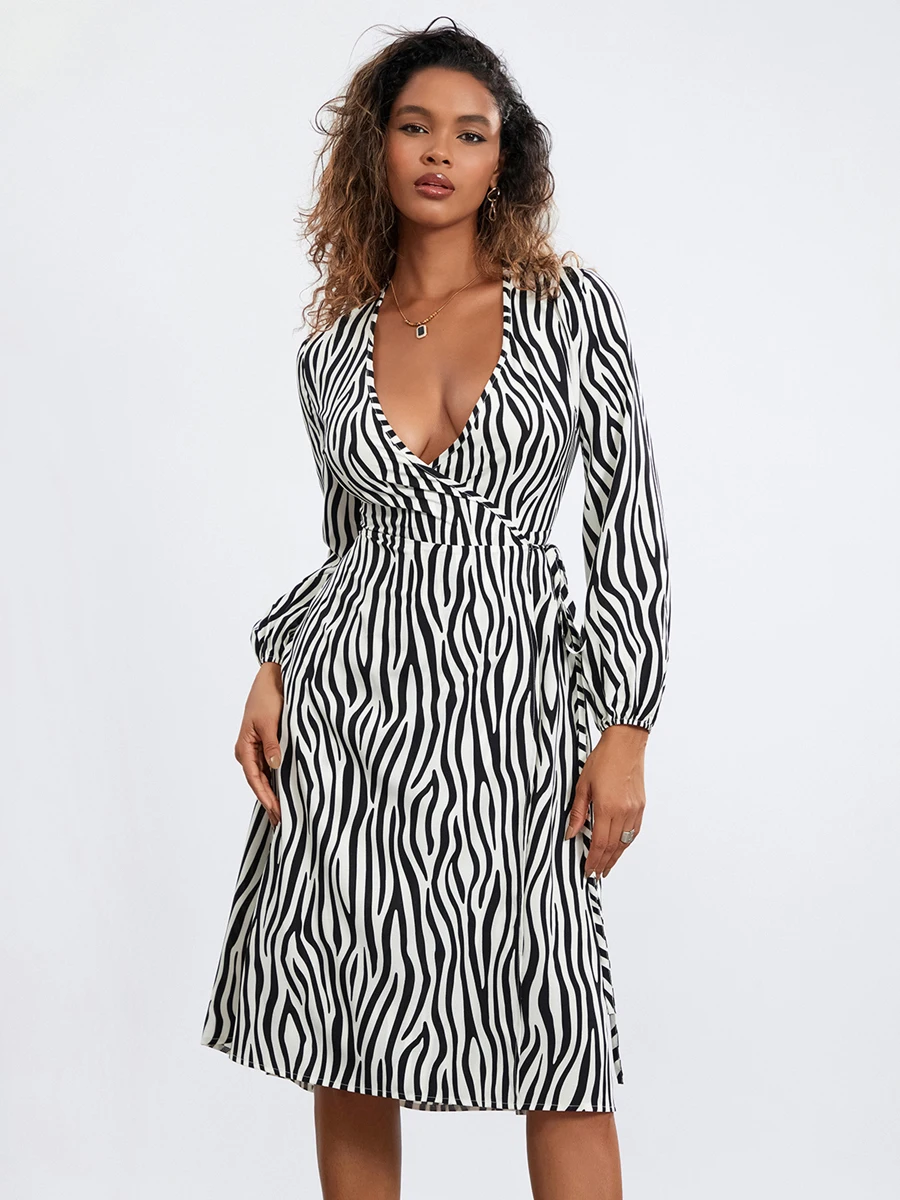 

Women Midi Dress Long Sleeve Dress V-neck Tie-up Zebra Stripes Print Loose Fall Casual Dress