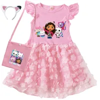 Robes Gabby's Dollhouse pour enfants, costume de dessin animé Gabby Chat, robes d'été décontractées à manches courtes pour bébés filles, avec sac et bandeau 3
