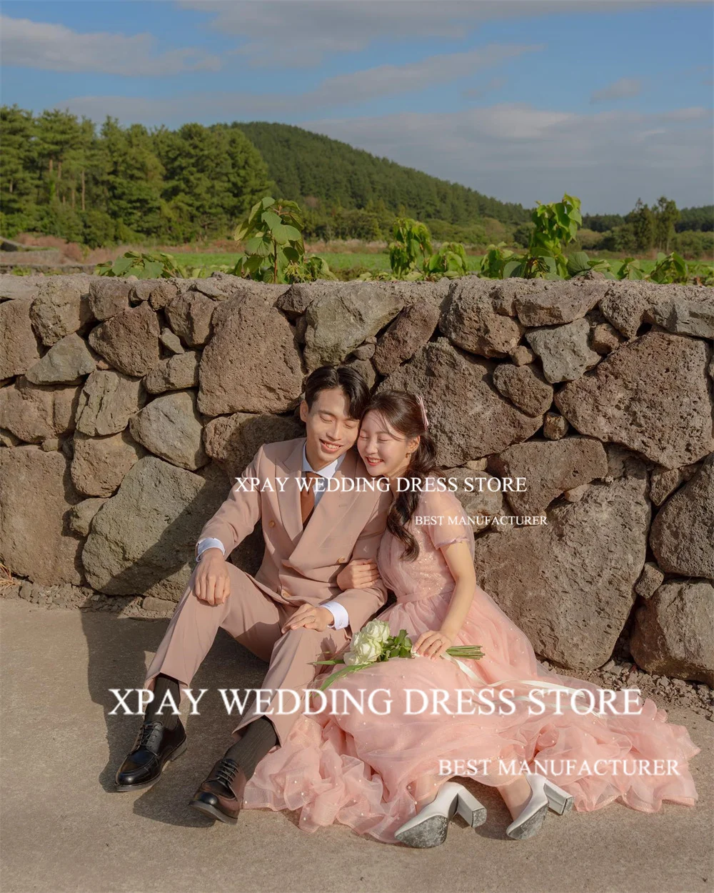 XPAY Pink V Neck Korea A Line Wedding Dresses Short Sleeve Bridal Dress Pearls Tulle Backless Wedding Photos Shoot Bride Gown