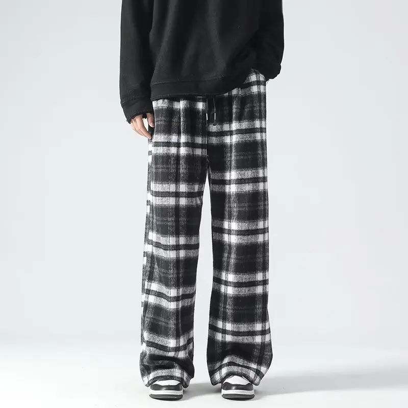 Loose Lazy Plaid Velvet Joggers Pants Men Streetwear Oversized Pants Y2k Fashion Casual Hop Hop Elastic Wasit Straight Trousers