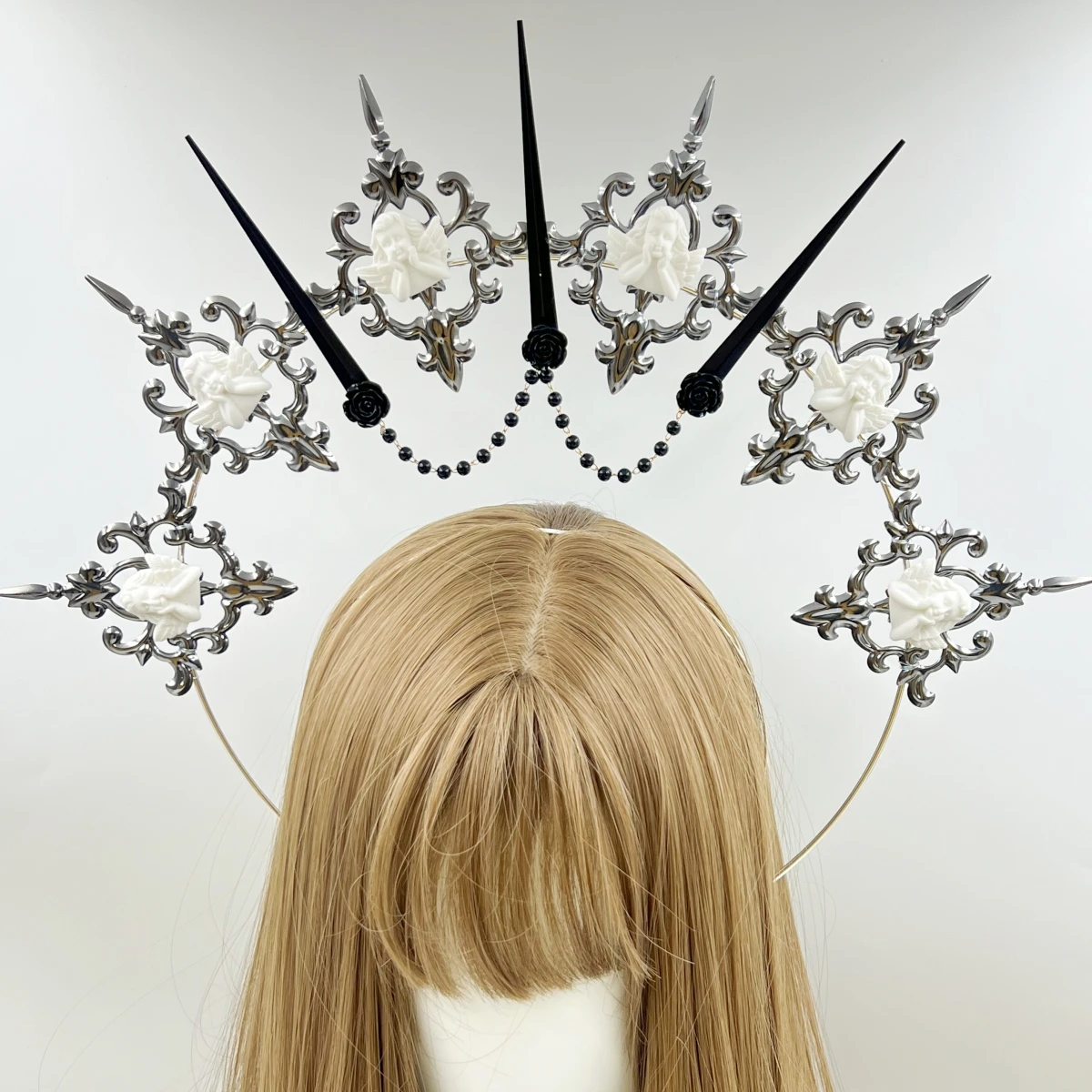 Gothic Lolita Faux Pearl Tiara, Halo Crown, Mary Goddess Headband, Cosplay Costume, Headpiece