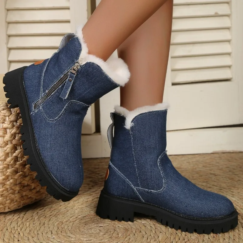 

2023 Hot Sale Shoes Female Side Zipper Women Boots Winter Round Toe Plush Fleece for Warmth Short Barrel Chunky Heel Snow Boots