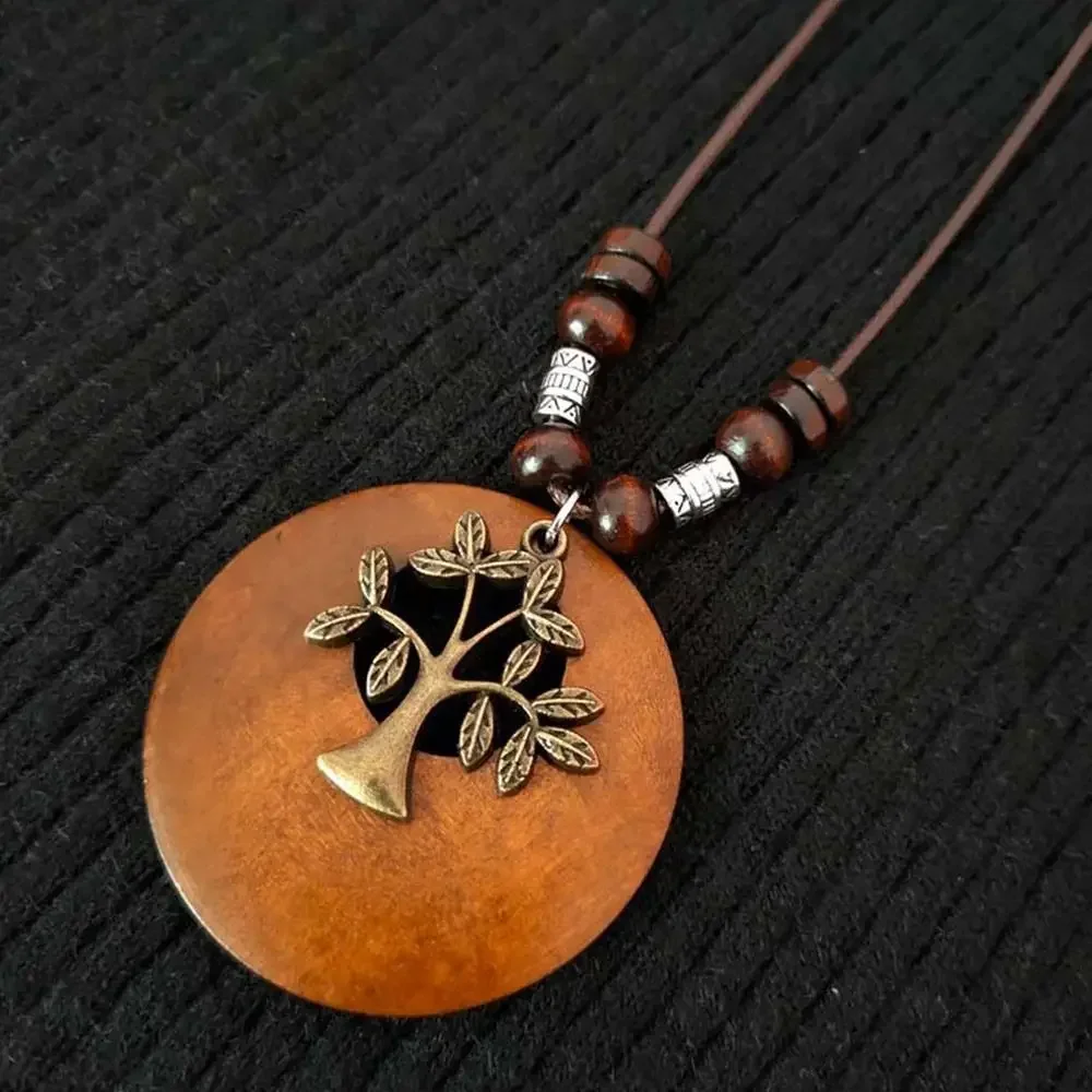 Vintage Wooden Owl Pendant Necklace - Ethnic Long Chain Jewelry
