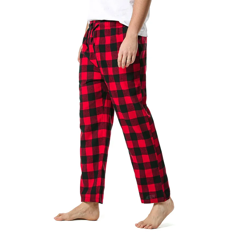 RedBlackPlaidPajamaPantsMenLoungingRelaxedHousePJsSleepBottomsMensFlannelCotton