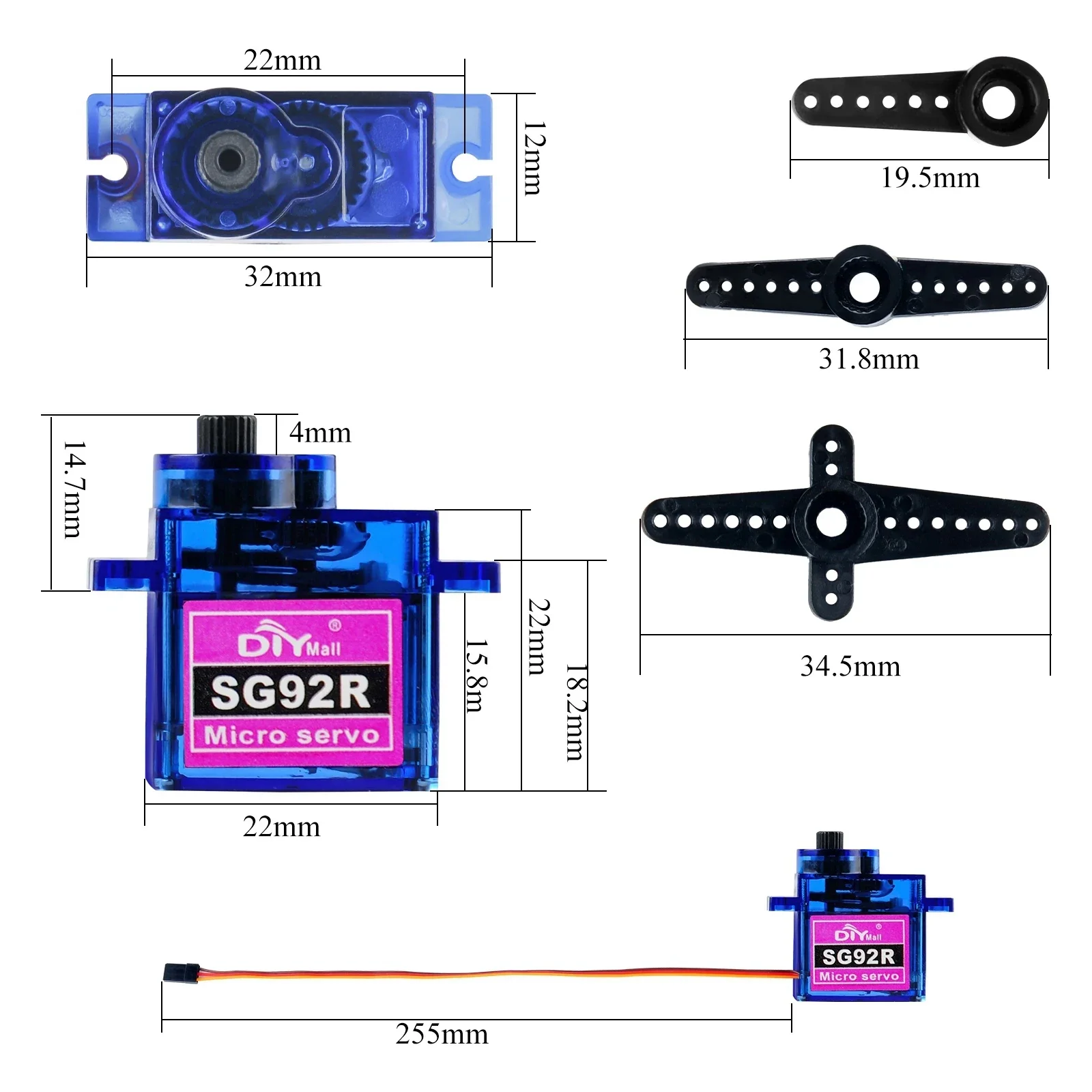 Micro Servomoteur SG92R 9g avec bras de levier et vis de fixation, idéal pour robots et avions RC.