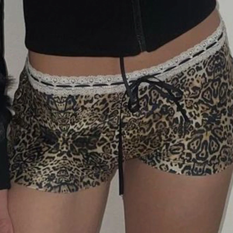 

Sexy Lace Bow Leopard Printed Shorts For Women Outerwear Fashion Underpants Low Waist Bottom Clothing Lounge Sporty