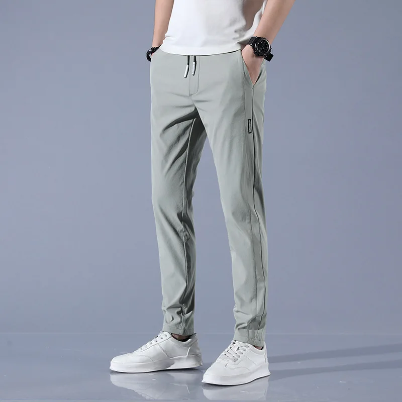 Ice Shreds Solid Color Men Summer Korean Large Size Slim Straight Cylinder Elastic Waist Casual Breathable All-match Trousers