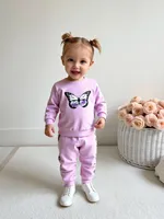2 pieces set for baby girl, casual butterfly printed round neck long sleeve t-shirt and elastic ankle pants for autumn