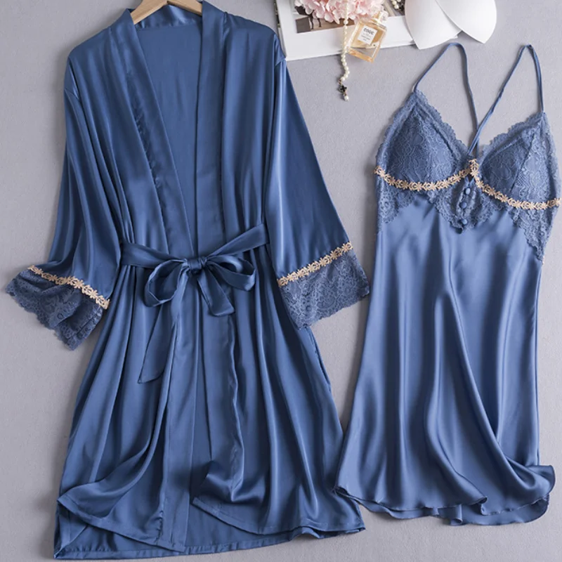 

Sexy 2 Pieces Robe Set Strap Nightgown With Buttons Lace Patchwork Sleepwear Casual Silk Kimono Bathrobe Gown Rayon Lounge Wear