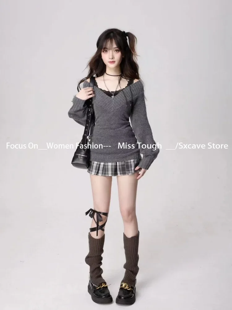 Knitted Suits Autumn Winter Woman V-neck French Vintage Long Sleeve Pullovers Knitwears 2000s Aesthetic Korean Sweater Sets Y2k 4