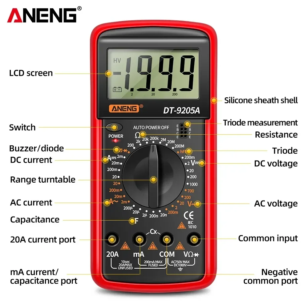 Digital Multimeter Transistor Tester Multimeter Tester ANENG DT9205A Digital Multimeter AC/DC Transistor Tester Electrical NCV Test Meter Profesional Analog Auto Range Multimetro