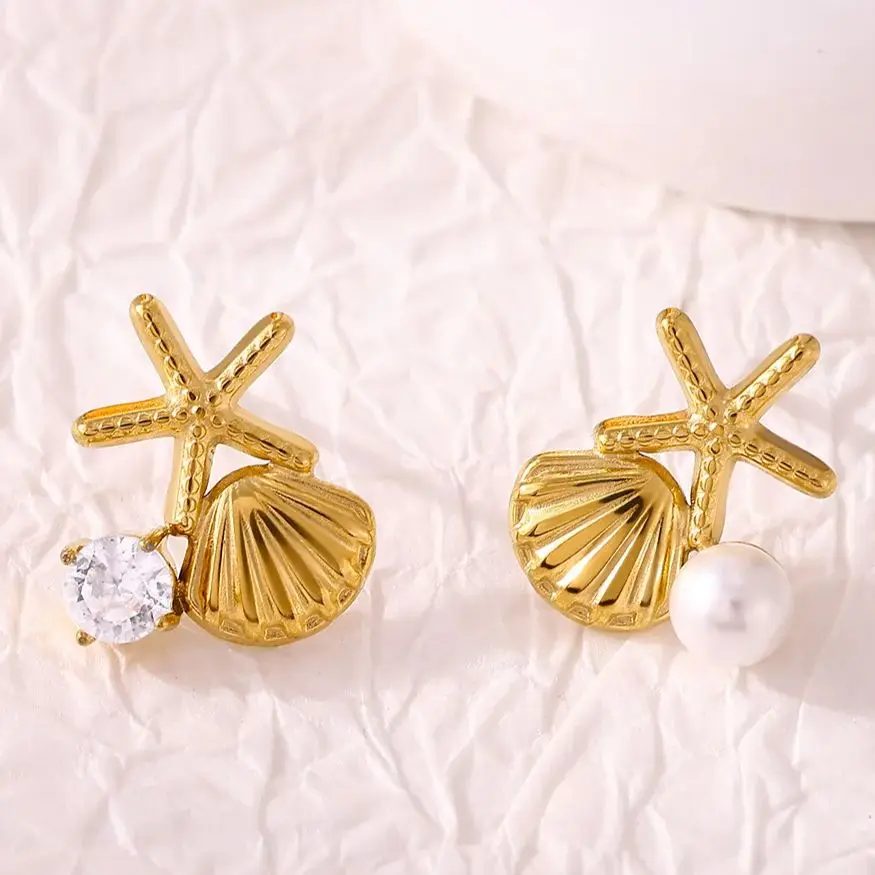 Minimalist Zircon Peral Shell Starfish Earrings for Women