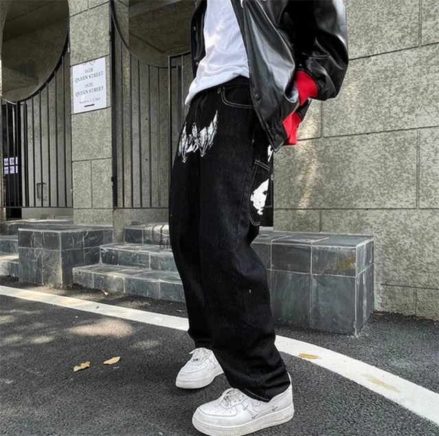 Jeans Hip Hop Baggy masculino, estampado jeans preto de algodão, calça  punk, calça reta, streetwear coreano, moda gótica, Y2K - AliExpress