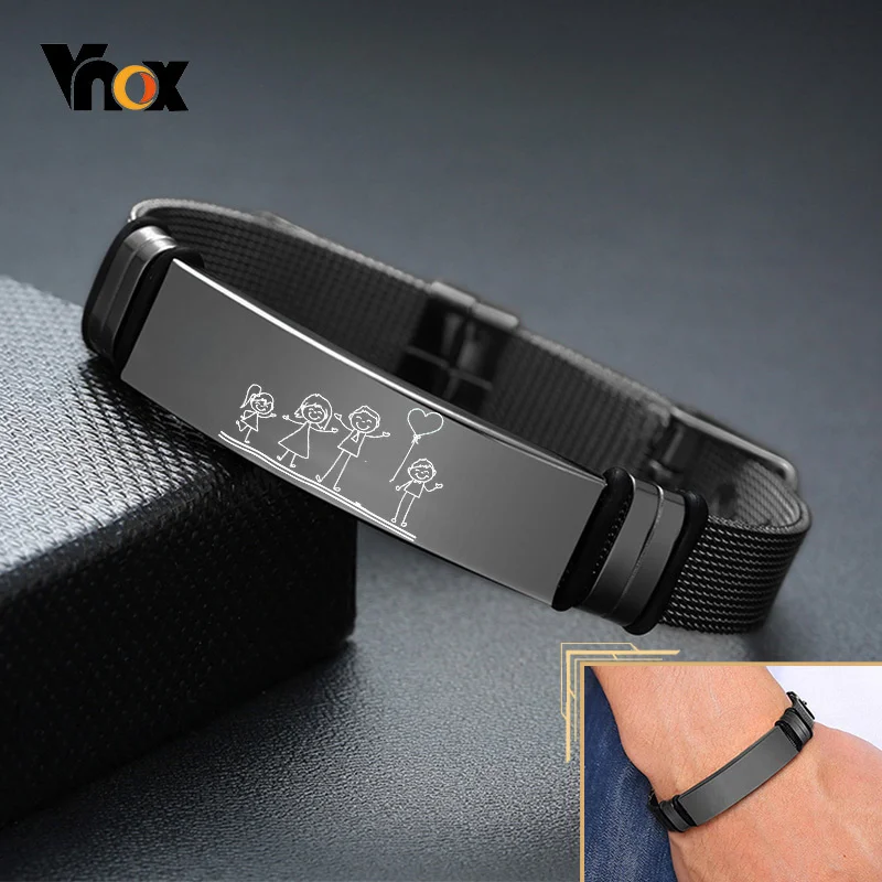 Vnox Adjustable Customize Bracelets for Men Women,12mm Stainless Steel Mesh Watch Band,Personalized To DAD SON Meaningful Gift
