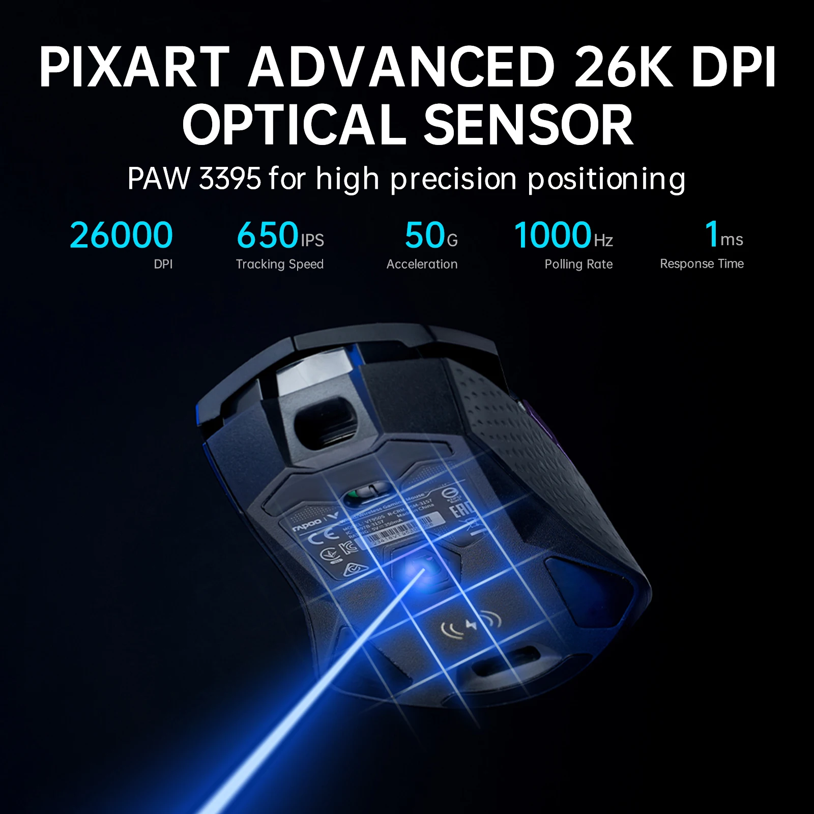 Gaming Mouse Wireless/Wired 2.4GHz Ergonomic Optical 26000DPI RGB PAW3395 Sensor Support Qi Wireless Charging