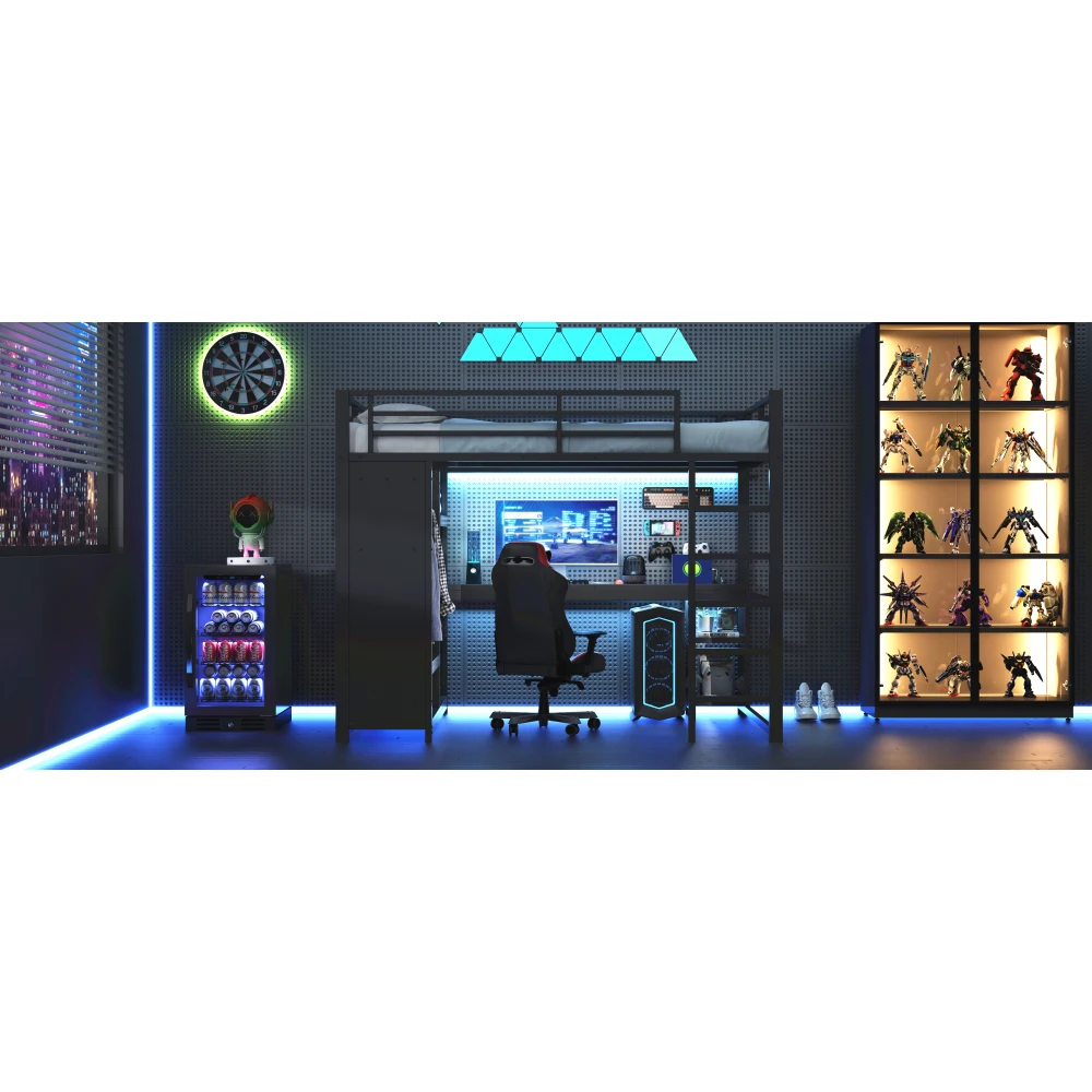 Schwarzes Metall-Gaming-Hochbett mit LED-Beleuchtung 140x200/160x200cm Multifunktionales Kinder-Etagenbett mit Schreibtisch Offener Kleiderschrank Aufbewahrungsboxen – Detail 15