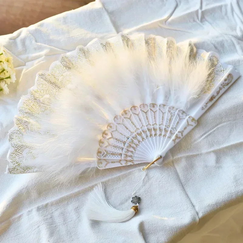 Chinese Style Vintage Retro Foldable Hand Fan Feathers Lace