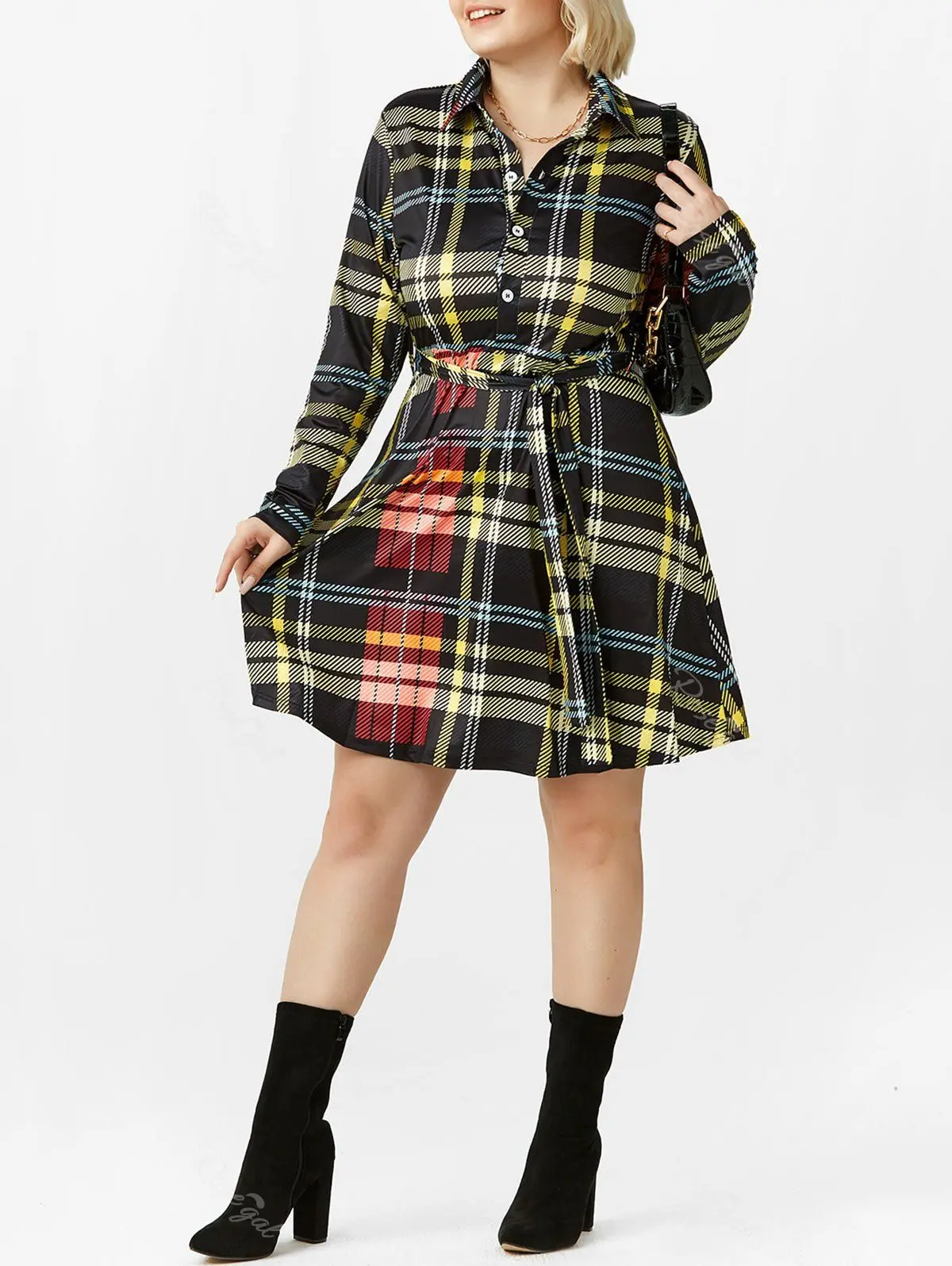

Kenancy Plus Size Half Button Belted Plaid Shirt Dress