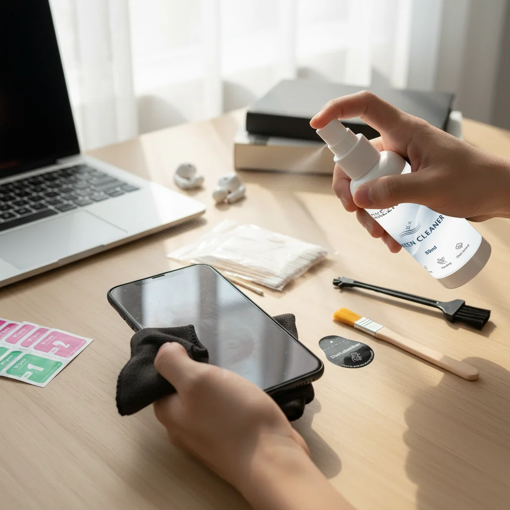 Kit per la pulizia dello schermo del telefono e tablet 50 ml, spray + salviette umide/ascise + adesivi per la rimozione della polvere + spazzole + tamponi, antistatico, lucentezza chiara - immagine 2