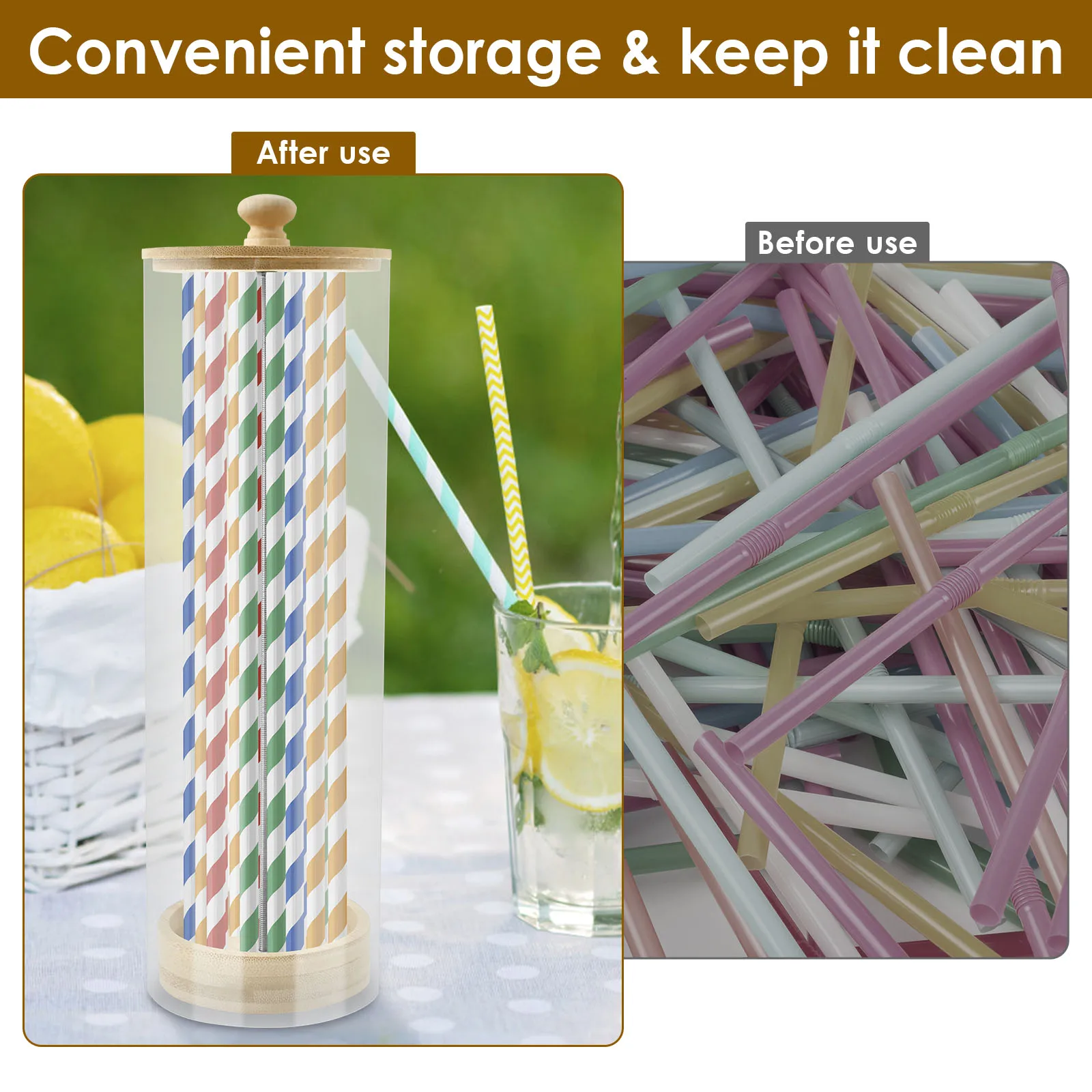 Clear Acrylic Straw Holder Organizer With Wood Lid For Kitchen Storage