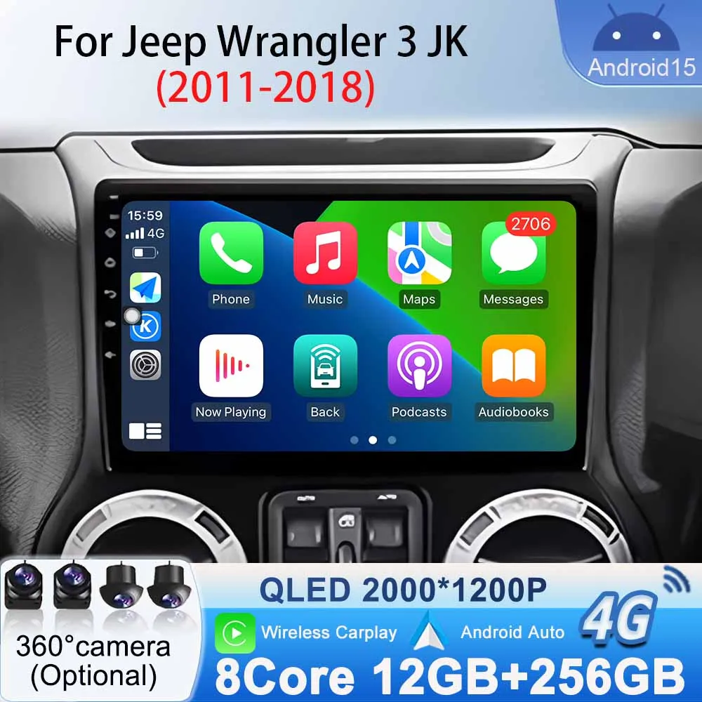 Para Jeep Wrangler 3 JK 2011 - 2018 Android15 Bluetooth Radio de coche navegación GPS estéreo reproductor de vídeo Multimedia WiFi Carplay Auto 1