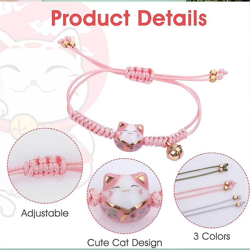 Braccialetti Portafortuna Gatto - 3 Pezzi In Ceramica Con Campana, Regolabili, Per Donna - Foto 8