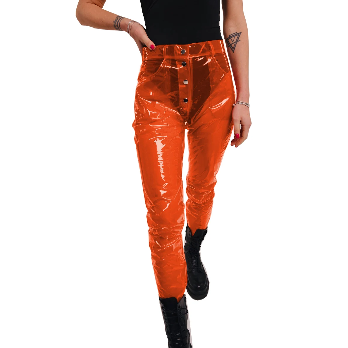 Clear PVC Pants Fetish Plastic Transparent Button Trousers Women High Waist See Through Pants Club Bar Wear