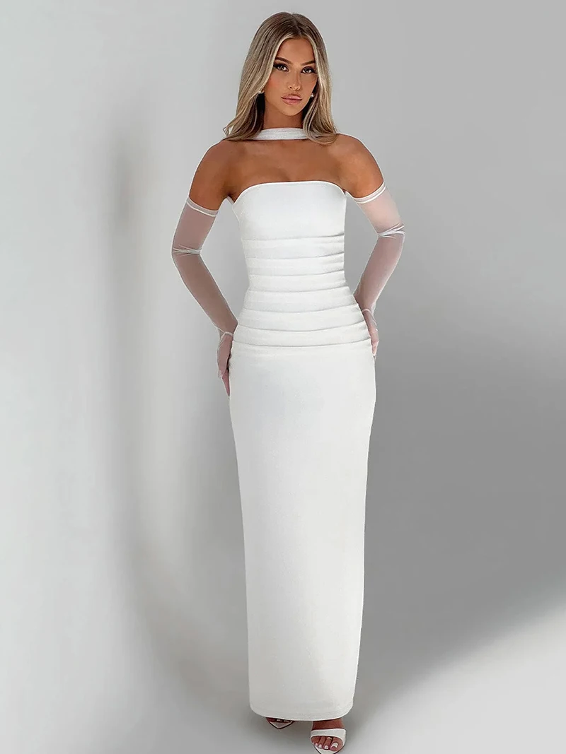 thumbnail image 1 of DGLUKE Elegantes vestidos largos sin tirantes para mujer Verano 2025 Sexy fruncido ajustado maxi vestido burdeos vestido de fiesta de noche con guantes, 1 of 5