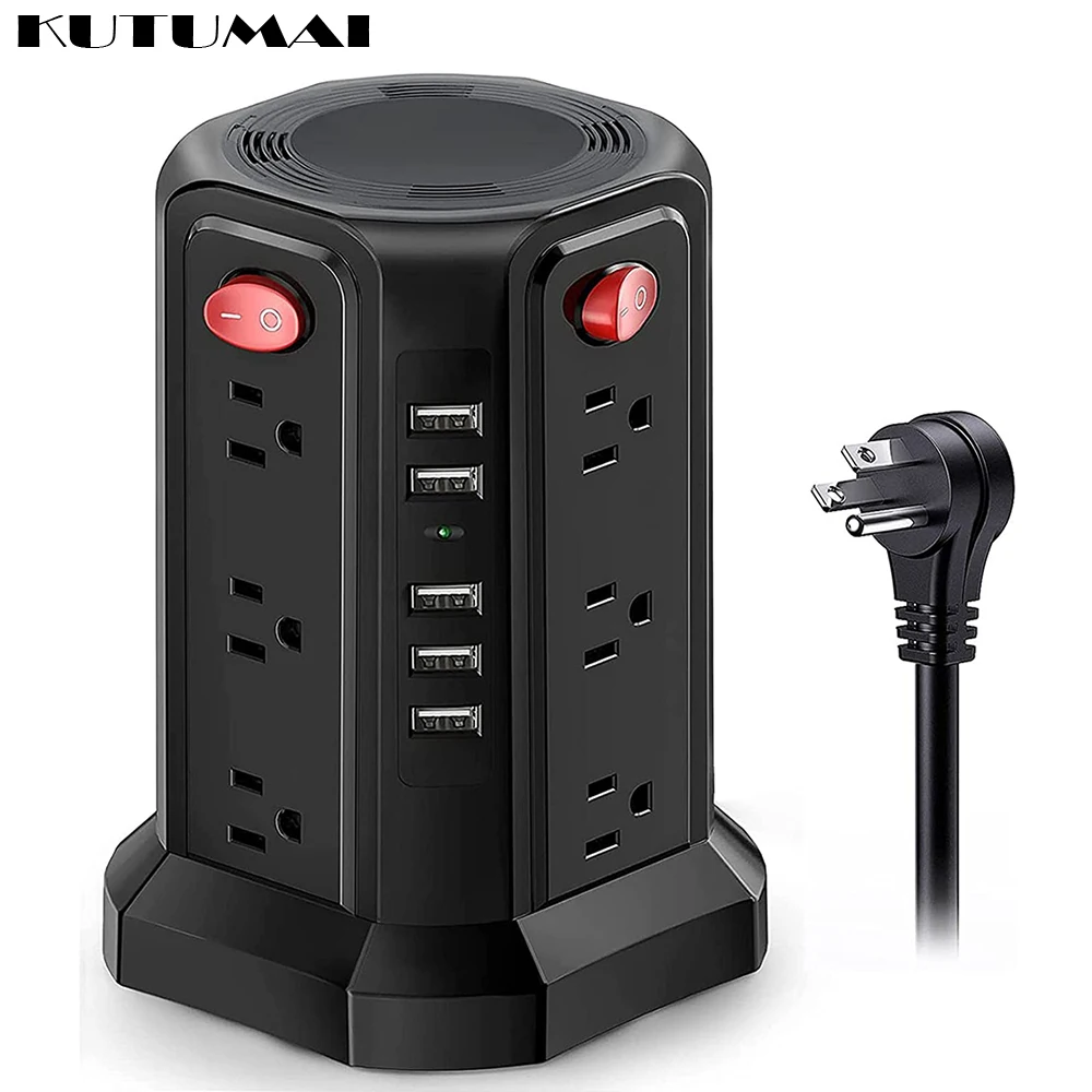 Tower Power Strip Multiple Sockets with 12AC+5USB Ports Switch US Plug Extension Socket Cable for Home Office 3m Extension Cord