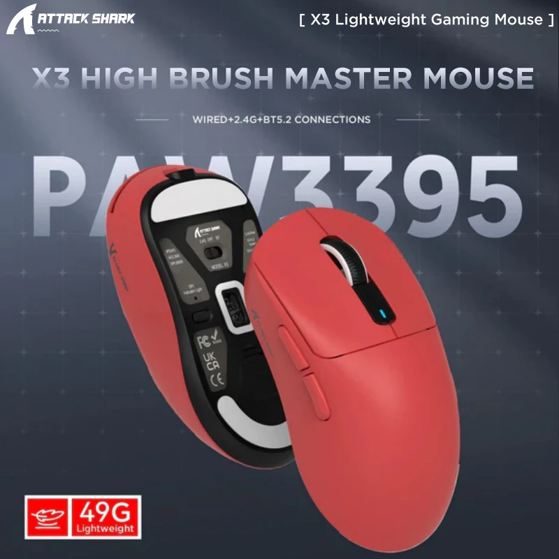 Wireless Gaming Mouse Attack Shark X3 Bluetooth PixArt PAW3395 26000dpi 2.4g Tri-Mode Connection Lightweight Macro