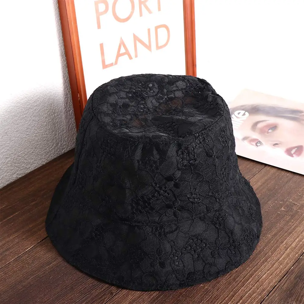 Women Bucket Hat Summer Lace Bucket Hats Female Vintage Mesh Thin Breathable Flower Hollow Sun Hat Sunscreen